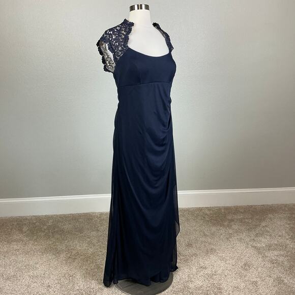 XSCAPE Chiffon Lace Trim Collar Short Sleeve Evening Gown Blue Size 14P Dress - Picture 2 of 12